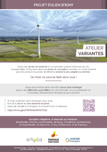 Affiche annonçant l'atelier Variantes et impacts du 4 juillet 2019 pour le projet éolien citoyen d'Ichy